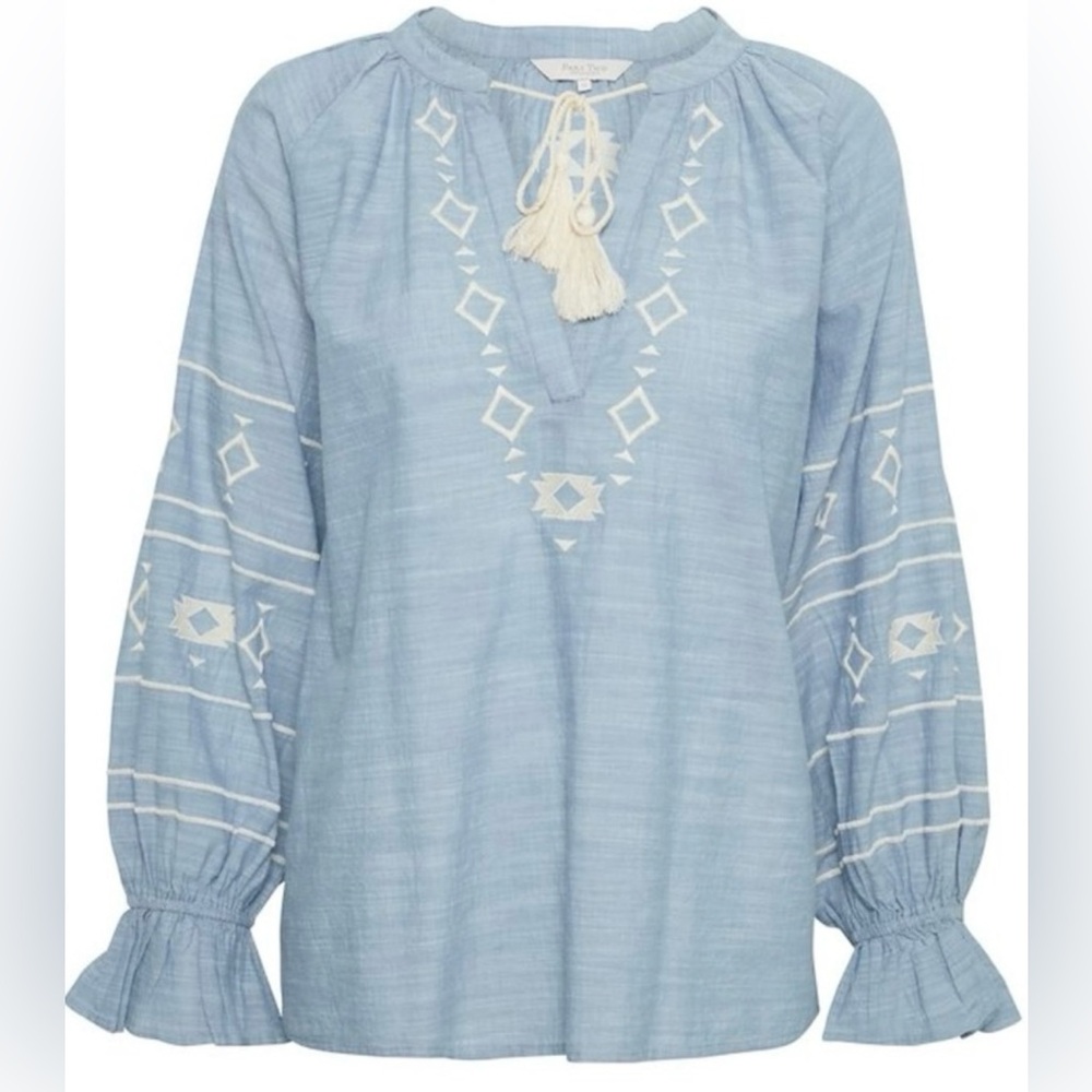 254. Part Two 100% Cotton Peasant Embroidered Tassel Top
